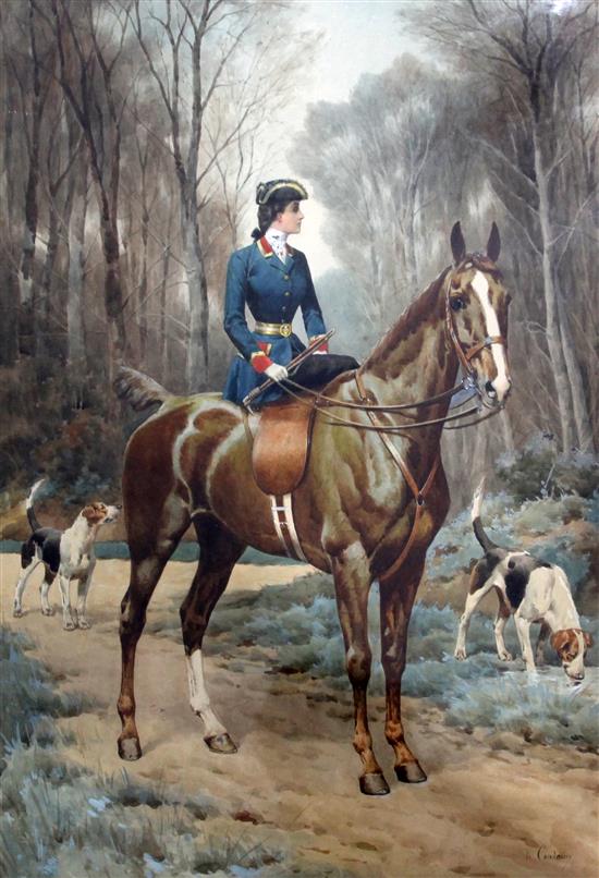 Charles-Fernand de Condamy (1855-1913) Lady equestrian with hunting dogs, 27 x 19.5in.